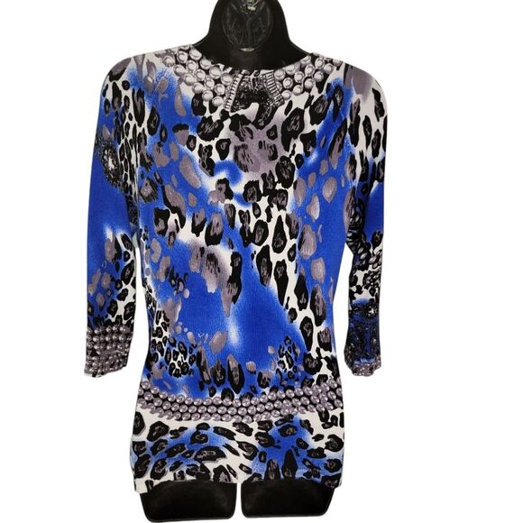 Cache Leopard Print Rhinestone Embellished Knit Cardigan Size Medium - Picture 2 of 8